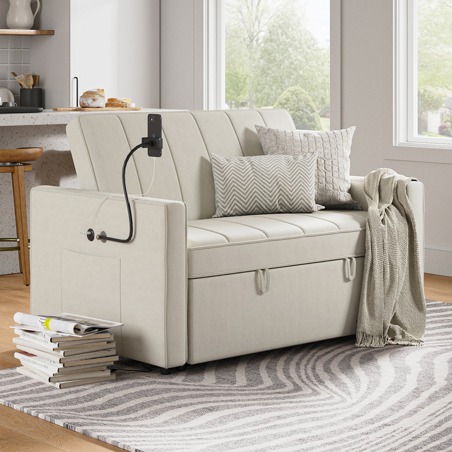 53"W Channel Tufted Sofa Bed With Phone Holder and Built-in USB Ports ...