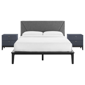 Platform Bed Nightstand Set, Queen Size, Blue, Wood, Modern, Mid Century Guest