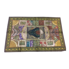 Mogulinterior - Indian Vintage Style Embroidered Yellow Patchwork  Wall Tapestry - Tapestries