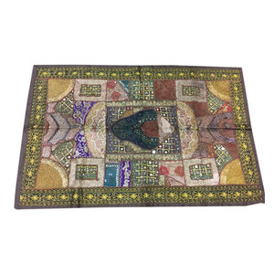 Mogulinterior - Indian Vintage Style Embroidered Yellow Patchwork  Wall Tapestry - Tapestries