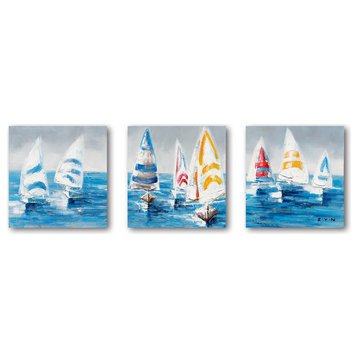 "Colorful Sailboats II" Hand Painted Canvas Art, 20"x20"x1.5", 3-Piece Set