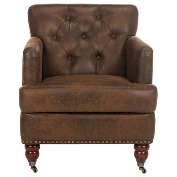 Leonard Tufted Club Chair With Brass Nail Heads Brown/Cherry Mahogany
