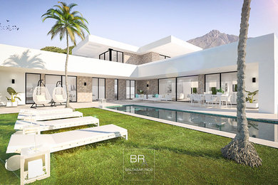 Ejemplo de fachada de casa blanca minimalista de tamaño medio de dos plantas con revestimientos combinados, tejado plano y tejado de varios materiales