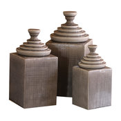 3-Piece Gray Textured Ceramic Canister Set With Pyramid Tops