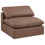 Meridian Furniture - Comfy Beige Linen Textured Fabric Modular Chair, Brown, Vegan Leather, Armless Chair - Give your space a whole new look with this brown Comfy vegan leather armless chair. This handsome chair fits nicely with other items in the Comfy collection and is a versatile seating option designed for adaptability, comfort and style. Wrapped in rich brown durable vegan leathered upholstery, this chair offers a plush embrace of overstuffed down feather cushions, carefully crafted to deliver the highest level of comfort. The perfect seat for creating an oasis for relaxation, this chair has thick foam surrounding its frame for added support and coziness.