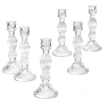 Set of 6 Ribbed Glass Candlestick Holders, Large
