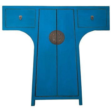 Chinese Moon Face T-Shape Benitoite Blue Drawers Side Table Cabinet Hcs7510