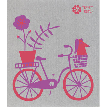Swedish Dishcloth Mid-Century Modern, One Bike Bicycle, Purple and Red on Gray