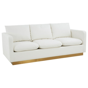 LeisureMod NS83W-L Nervo White Modern Mid-Century Leather Sofa with Gold Frame