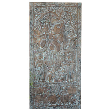 Consigned Vintage Krishna Wall Art, Hand-carved Krishna With Cow Wall Panel