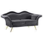Meridian Furniture - Lips Velvet Upholstered Loveseat, Gray - Put your best pucker forward with this Lips velvet loveseat. So named because of its beautiful, pouty shape, this Lips loveseat makes a stunning addition to your living room. Soft grey velvet upholstery covers every inch of this striking loveseat, giving it a sumptuous boudoir-inspired feel. Gold medal legs support the loveseat, adding a touch of refinement while allowing clearance beneath it for cleaning.