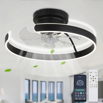 Flush Mount Ceiling Fan, Dimmable Light and Reversible Blades, Black