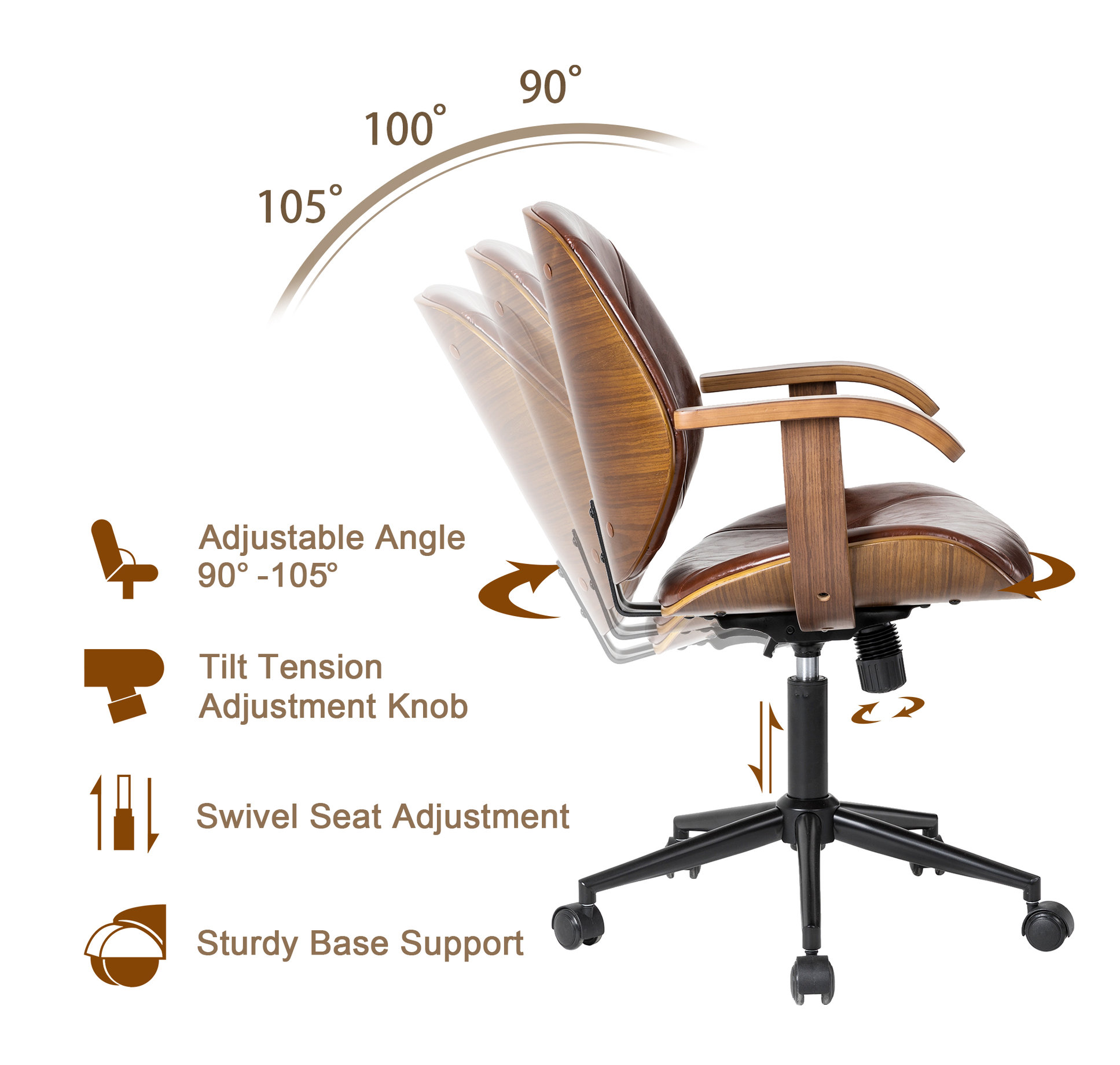 38"H Russet PU Leather Adjustable Swivel Desk Chair/Task Chair
