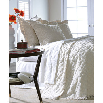 Diamond Tufted Chenille Bedspread and Pillow Sham Set, White, Queen
