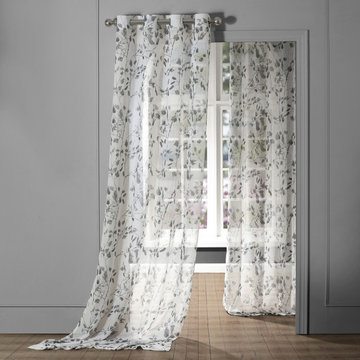 Woodland Grey Grommet Printed Faux Linen Sheer Curtain
