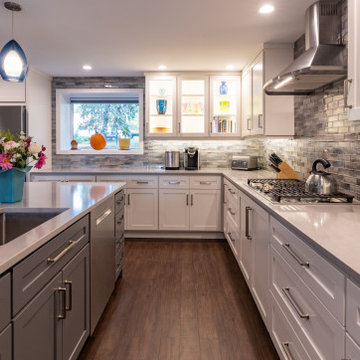 Transitional Two-Tone Kitchen | Shaker Cabinetry & Glass Mosaic Backsplash