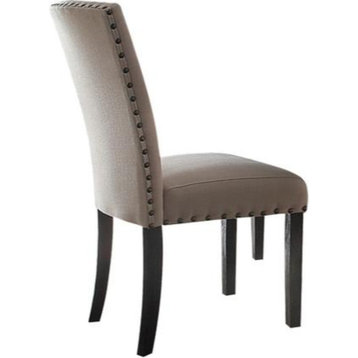 Benzara BM186221 Nailhead Trim Fabric Wooden Side Chair, S/2, Beige/Brown