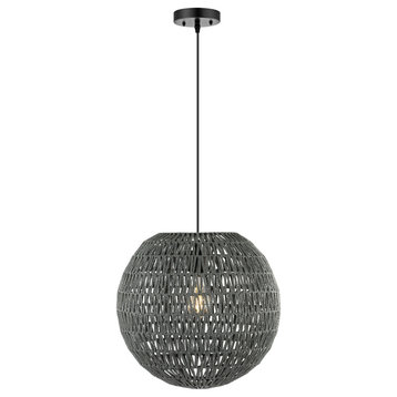 Luna 15.75" 1-Light Bohemian Modern Woven Rattan/Iron LED Pendant, Grey/Black