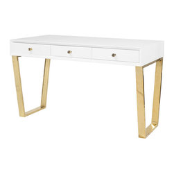 Worlds Away Patton White/Brass 3 Drawer Desk - Desks And Hutches