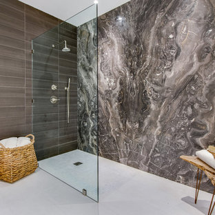 Example of a trendy master multicolored tile and stone slab white floor bathroom design in Los Angeles