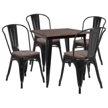 Flash 31.5" Square Black Metal Table Set with Wood Top and 4 Stack Chairs