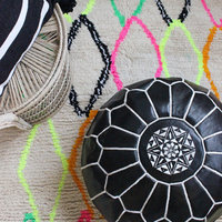 Moroccan Leather Pouf, Unfilled, Black/White