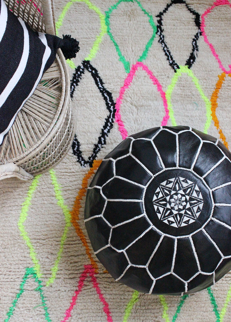 Moroccan Leather Pouf, Unfilled, Black/White