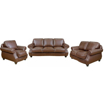 Sunset Trading Charleston 3-Piece Top-Grain Leather Living Room Set in Chestnut