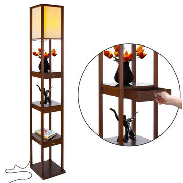 Brightech Maxwell Drawer Edition - Shelf & LED Floor Lamp Combination, Havana Brown