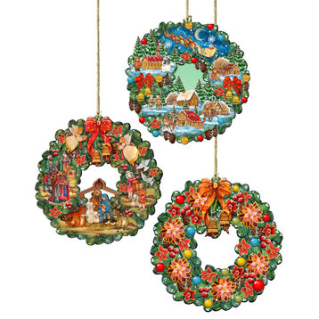 Christmas Wreath Wooden Ornaments Set of 3