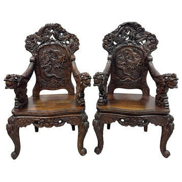 Pair of Antique Japanese Imperial Meiji High Relief Dragon Throne Armchair