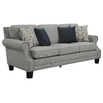 Unique Sofa, Rolled Sculpted Arms With Nailhead Trim & Cushioned Seat, Gray