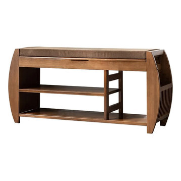 Rustic Bamboo Storage Bench Shoe Rack Upholstered Bench With 3 Shelves