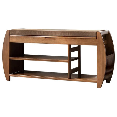 40.2" Rustic Bamboo Upholstered Entryway Flip Top Storage 3-Tier Shoe Bench Rack