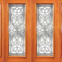 Floral Scrollwork Beveled Glass Entry Double Door and Two Sidelites - Front Doors
