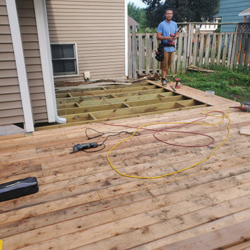 Stamped concrete, cedar deck