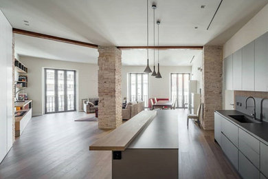 Modern inredning av ett mellanstort grå linjärt grått kök med öppen planlösning, med en integrerad diskho, släta luckor, grå skåp, grått stänkskydd, stänkskydd i cementkakel, integrerade vitvaror, mellanmörkt trägolv, en köksö och brunt golv