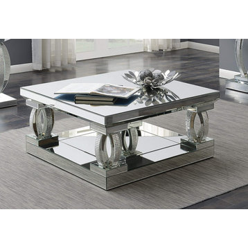 Contemporary Mirrored Coffee Table, Lower Shelf & Unique Accent Support, Silver