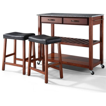 Crosley Gray Granite Top Kitchen Cart with Saddle Stools in Cherry