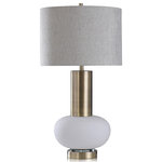 Harp and Finial - Palmer Table Lamp White Finish on Glass Body - The Palmer table lamp is a cool multi-material metallic accent with a ribbed design and a deep transitional inspiration. Made from white finished glass and gold finished metal elements, this piece features a crystal base to heighten its elegance. A game-changing look for living rooms and foyers, this lamp is topped off with a light gray shade.