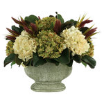 Creative Displays - Hydrangea and Foxtail Fall Arrangement in a Ceramic Pot - Bring a touch of nature's beauty to your home or office with this stunning Hydrangea and Foxtail Fall Arrangement. Handcrafted with high quality and durable materials, this gorgeous faux arrangement will add color and texture to any room. Its gray ceramic pot is the perfect backdrop for cream hydrangeas, green hydrangeas, magnolia leaves, and burgundy foxtail, all arranged in a beautiful design by an experienced floral designer. You'll never have to worry about watering or maintenance, and they look so realistic that you'll be hard-pressed to tell the difference between it and the real thing. Make this exquisite Fall Arrangement a part of your home decor and treat yourself to the beauty of nature without the hassle.