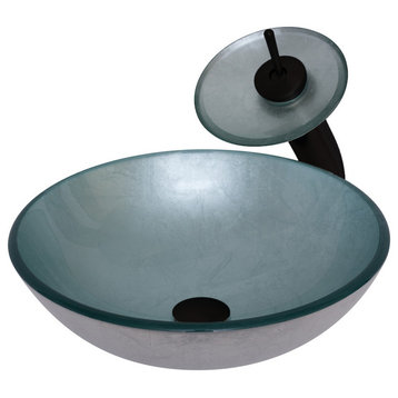 Argento Round Silver Foiled Glass Vessel Bath Sink Combo with Faucet and Drain, Matte Black
