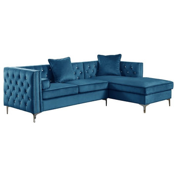 Teal Blue Velvet Upholstered Sectional with Storage and Faux Crystal Tufts