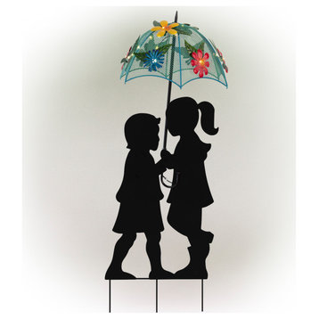 Alpine Solar Boy and Girl With Umbrella Decor and Stake, 39"Tall