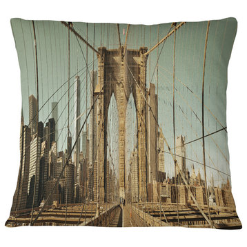 Manhattan Bridge in New York Brown Cityscape Throw Pillow, 18"x18"
