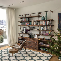 Bos Reclaimed Chestnut Stained Scaffolding Board, Dark Steel Pipe Shelving Unit - Bookcases