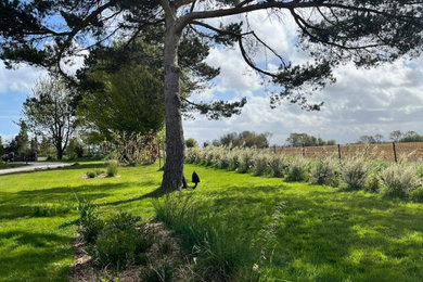 Réalisation d'un très grand jardin avant design au printemps avec un massif de fleurs et une exposition ensoleillée.