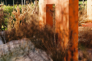 Foto de jardín de secano minimalista grande en patio con paisajismo estilo desértico, exposición parcial al sol y gravilla