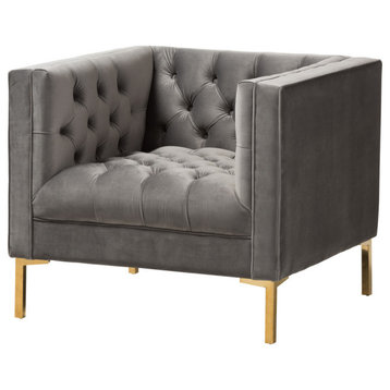 Zanetta Velvet Upholstered Gold Lounge Chair, Gray