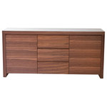 Pangea Home - Barry Buffet, Walnut - This elegant storage and display unit with 2 doors and 3 pull-out drawers that may be used as either a buffet in the dining room, a credenza, or a dresser in the bedroom.